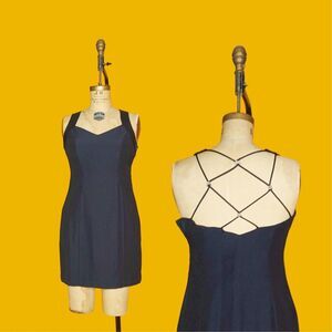 1990s NIKI by Niki Livas Navy Mini Dress W/CRISS CROSS Back & Rhinestone Knots S